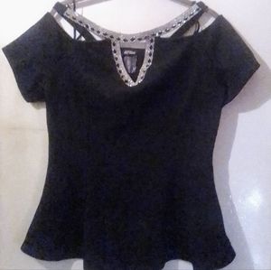 Black Short Sleeved Pullover Top with Rhinestone neckline/collar